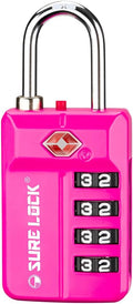 SURE LOCK TSA Approved 4-Digit Luggage Lock, Resettable Combination, Red Dot Open-Alert (Resets Only with Code), Easy-Read Black/White Dials, Hardened Shackle, Zinc Alloy (Pink 1 Pack)