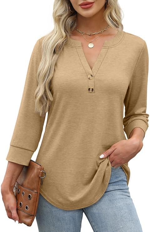 OFEEFAN Womens Tops 3/4 Sleeve Henley Shirts for Women Summer Outfits Fashion Clothing