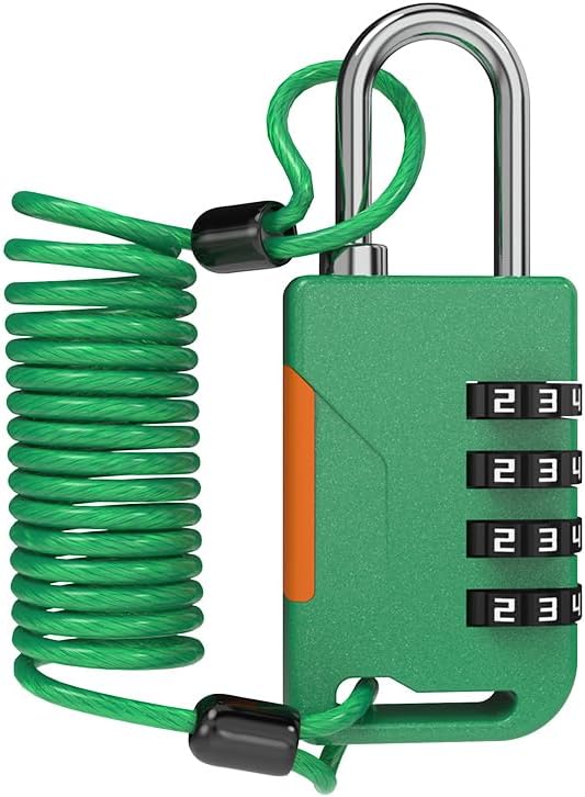 Combo Lock with Retractable Cable (91cm), Cable Padlock Combination, Ski Lock for Outdoor Use, Luggage, Snowboard, Travel Suitcases, Gym Locker, Rridge, Motorcycle Bike Helmet (Green)