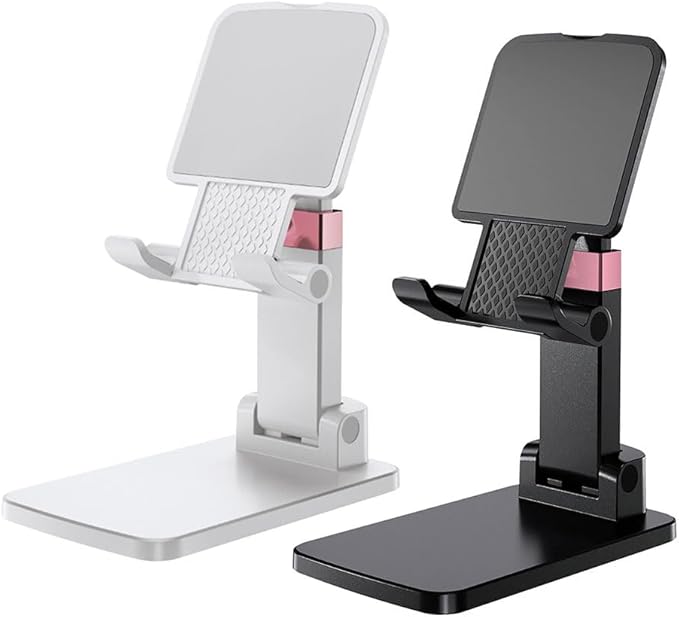 Phone Holder for Desk Cell Phone Holder Height Angle Adjustable Stands, Anti-Slip Base, Compact Design for iPhone Android Devices,White&Black,2Pack