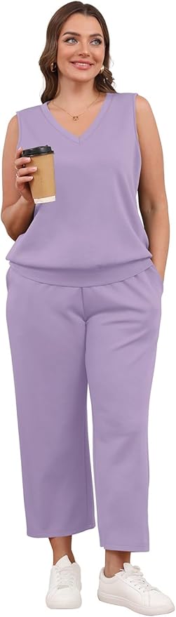 WIHOLL Two Piece Set for Women Summer Outfits Vacation Trendy Lounge Sets V Neck Matching Sets