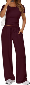 Trendy Queen 2 Piece Matching Summer Lounge Set Womens Side Ruching Top Wide Leg Pants Sets with Pockets