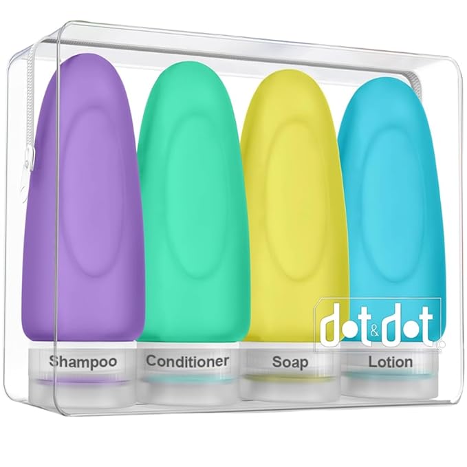 Dot&Dot Leak Proof Travel Bottles - Tubes for Liquid TSA Approved 3oz Silicone Toiletries Travel Shampoo & Conditioner Containers with Labels