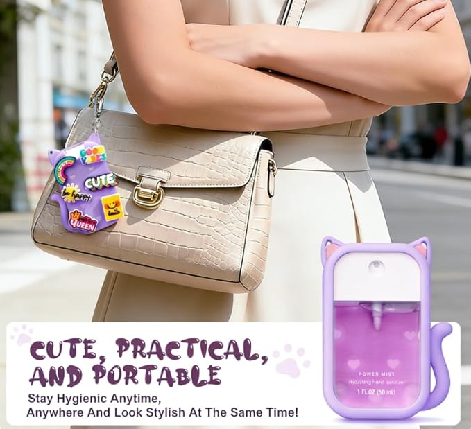 Portable Silicone Case Compatible with Touchland Hand Sanitizer 1 FL OZ / 30ML, Cute Cat-Shaped Case with 8 Charms and Keychain, Hand Sanitizer Spray Accessory, Gift for Women And Teens(Purple cat)