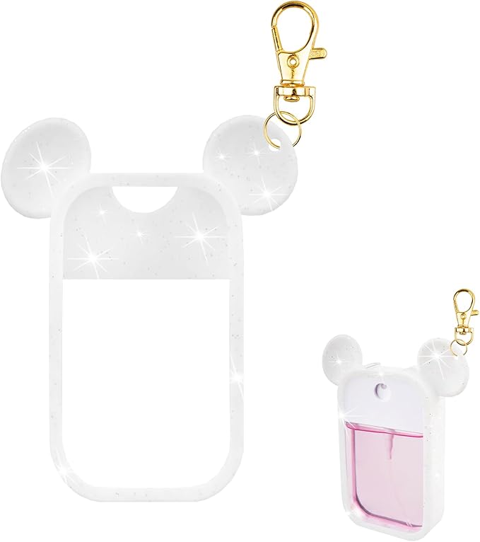 TERPINK Silicone Case Compatible with Touchland Hand Sanitizer Spray 1 fl oz, Mouse Design Protective Case with Keychain, Hand Sanitizer Spray Accessory 1 Pack (Glitter Sequin White)