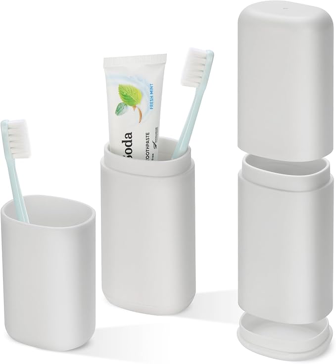 Travel Toothbrush and Toothpaste Case, 2 in 1 Gray Toothbrush Holder and Rinse Cup, Large Capacity Toothbrush Cup with Cover, Portable Toothbrush Holder for Traveling, Camping, Trip