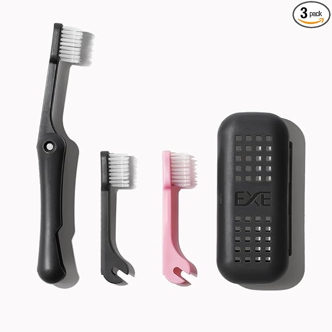 Minibox Folding Travel Toothbrush with Dual-Length Bristles & Case, Compact Mini Design for Business Trips, Camping, and Outdoor Activities, 1 Pack with 2 Extra Replaceable Brush Heads, Black & Pink