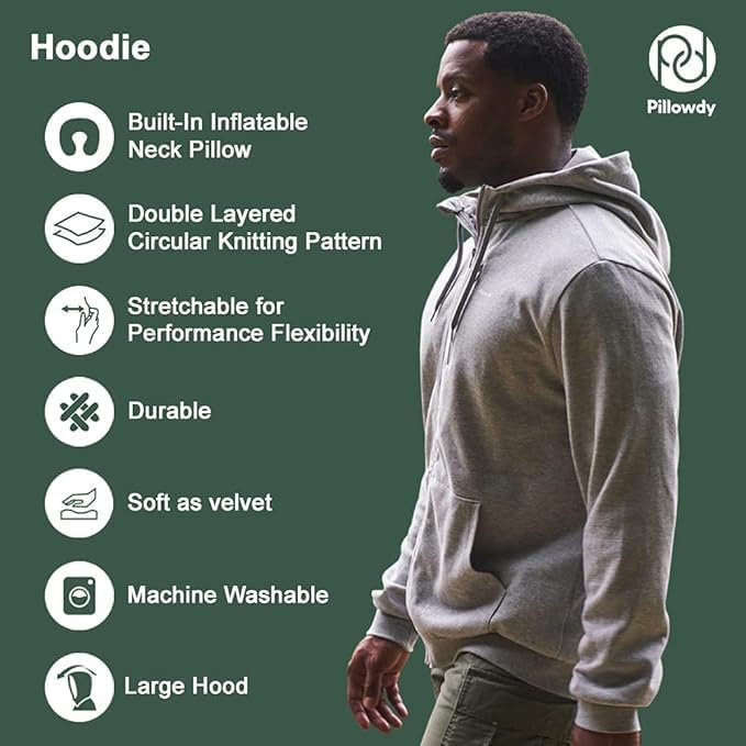 Pillowdy Full Zip Hoodie – Inflatable Built-in Travel Pillow – Comfortable Rest On-The-Go – Perfect for Airplane and Trips