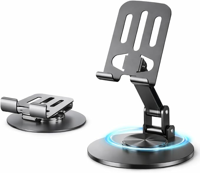 Mizi Universal Metal Phone Stand - 360°/720° Adjustable Rotation Desk Holder, Foldable & Stable with Non-Slip Weighted Base, Compatible with iPhone 17/16/15/14/13/12 Pro Max & All Smartphones - Grey