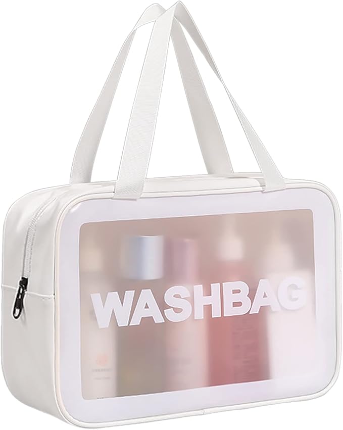 DAPOWER Travel Toiletry Bag for Women and Men, Matte Translucent Toiletry Bag with Handy Handle, Makeup Cosmetic Organizer Bag for Travel Toiletries Accessories (White)