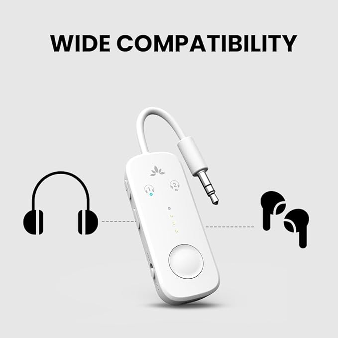 Avantree Relay - Premium Airplane Bluetooth Adapter with Advanced Qualcomm Chipset, 2 Headphones Support, 25hrs Play Time, aptX Adaptive & HD Audio Transmitter for Airpods, Bose & Travel Flight