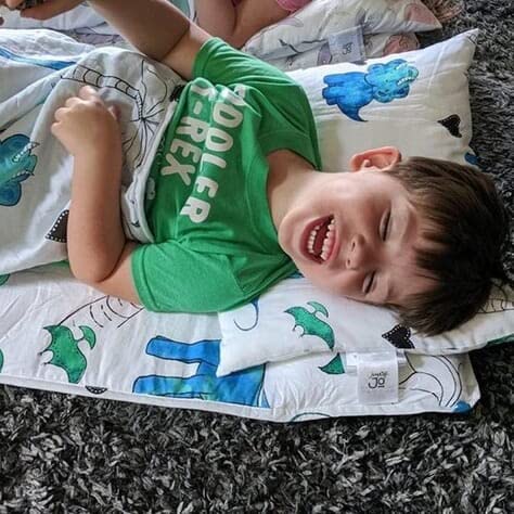 JumpOff Jo Nap Mat for Kids - Cozy Kids Rest Mat with Removable Pillow and Ultra Soft Blanket for Preschool, Daycare, and Sleepovers - Blue Dino