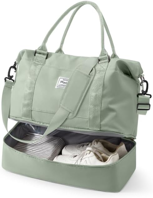 Spirit Travel Duffel - 18x14x8 Inches Weekender Overnight Bag with Shoes Compartment, Trolley Sleeve, Carry On for Airplanes, Sport Tote Gym Bag in BeigeGreen