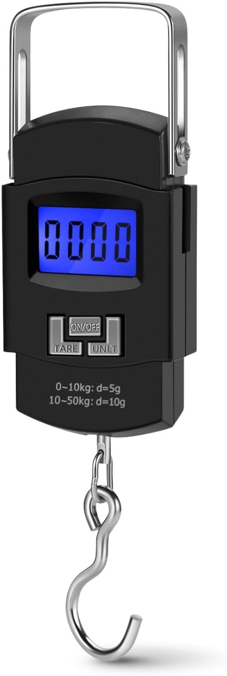 Flexzion Digital Hanging Scale – 110lb/50kg Portable Luggage Scale, and Fish Scale with Electronic Backlight LCD, Stainless Steel Hook, 2 AAA Batteries Included