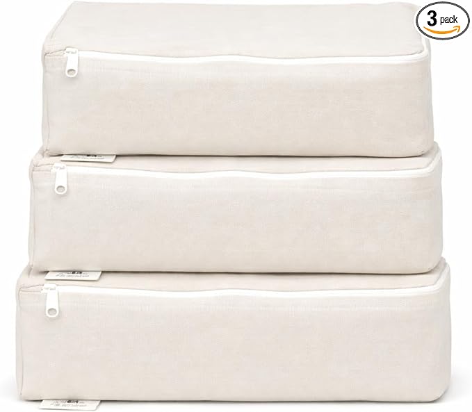 Packing Cubes Bag Pure Canvas Travel Organizers (10"x7"x3") with Durable YKK Zippers for Clothes, Shoes & Luggage Storage (Set of 3 (Small), Off-White)