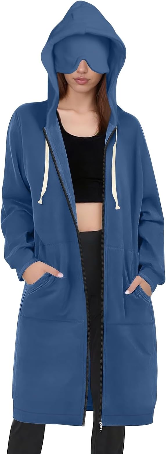 Travel Hoodie for Women Mens with Built In Eye Mask Hidden Pockets Airplane Travel Zip Up Outfits