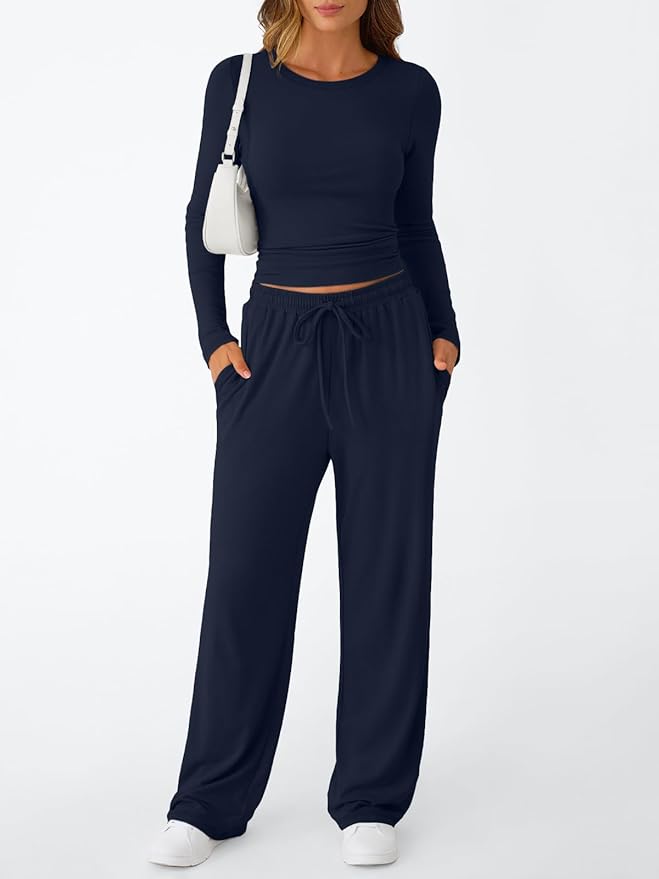 Trendy Queen Women's 2 Piece Matching Lounge Set Long Sleeve Side Ruching Top Wide Leg Drawstring Pants Set with Pockets