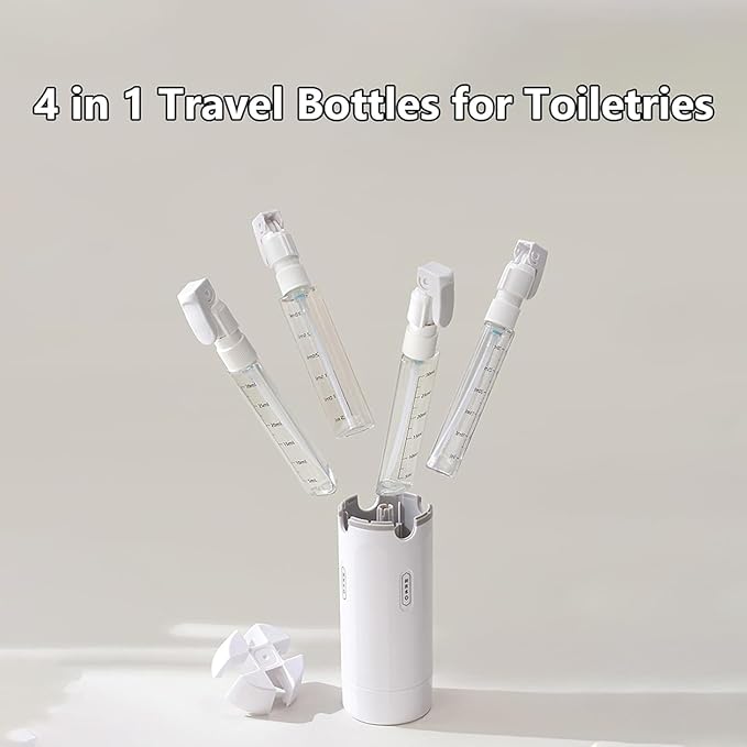 4 in 1 Travel Dispenser Set with 4 Pack 30ML Leak Proof Bottles for Toiletries, Portable Containers for Shampoo Lotion Conditioner Cream (White)