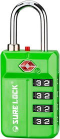 SURE LOCK TSA Approved 4-Digit Resettable Combination Luggage Lock with Open Alert, Easy-Read Dials - for Luggage, School Lockers, Gym, Office, Toolbox & Security Cases(Green 1 Pack)