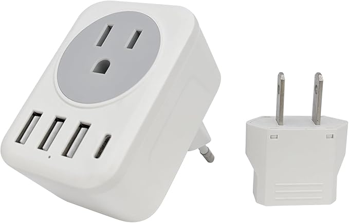 European Travel Plug Adapter USB C, Cellet International Plug Adapter with 1 AC Outlets and 4 USB Ports, Type-C Power Adaptor Charger for US to Most of Europe Iceland Spain Italy France Germany