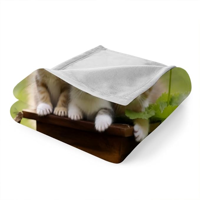 Cats Print Blanket Twin Size, Daisy Flowers Fleece Blanket for Couch Bed Sofa, Fresh Green Blankets and Throws, Cute Pets Super Soft Cozy Plush Flannel Blanket 70x90, Decor & Gift