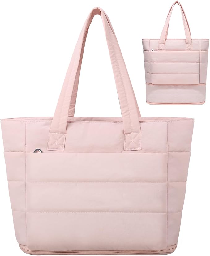 Expandable Puffer Tote Bag with Zipper for Women, Lightweight 15.6 Inch Laptop Work Tote Bag, Large Travel Tote Bags | Luggage strap, Lightweight, For 15.6 inch Laptop, Expandable, Multi-Compartments
