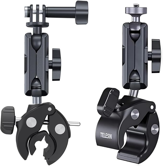 TELESIN Camera Clamp Mount Bike Motorcycle Handlebar Mounts Accessories, 360 Ball Joint Tube Roll Bar Holder Clip for DJI Osmo Pocket 4/DJI Osmo Action 6/Action 5 4 Pro/Hero 13 12 11 10 9/Insta 360 X5