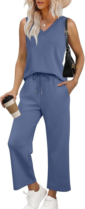 WIHOLL Two Piece Set for Women Summer Outfits Vacation Trendy Lounge Sets V Neck Matching Sets