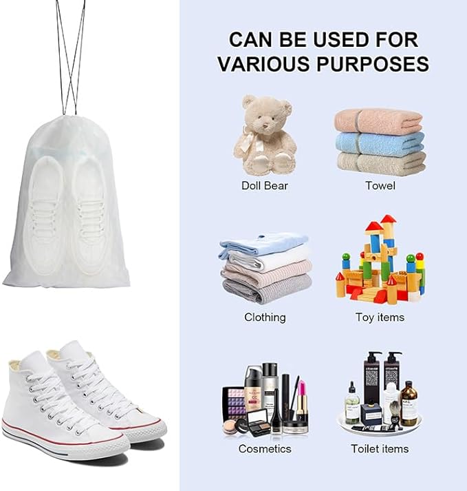 Shoe Bags for Travel, Waterproof Travel Clear Plastic Drawstring Bags, Storage Bags,2 Pcs 15.7" x 11.8" Large Packing Cubes for Storage, Travel Essentials, Men's and Women's (Clear)