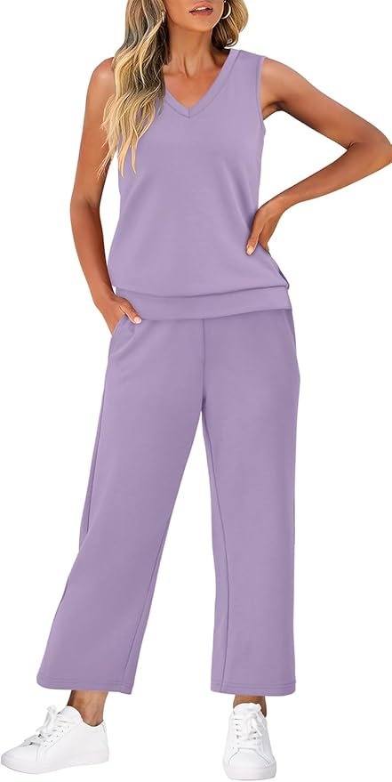 WIHOLL Two Piece Set for Women Summer Outfits Vacation Trendy Lounge Sets V Neck Matching Sets