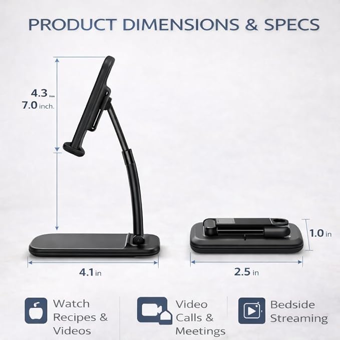 Mizi Portable Cell Phone Stand for Desk - Height & Angle Adjustable Mobile Foldable Holder, Compatible with iPhone 17 16 15 14 13 12 11 Pro Max, Galaxy S25 S24, All 4–10" Devices - Black