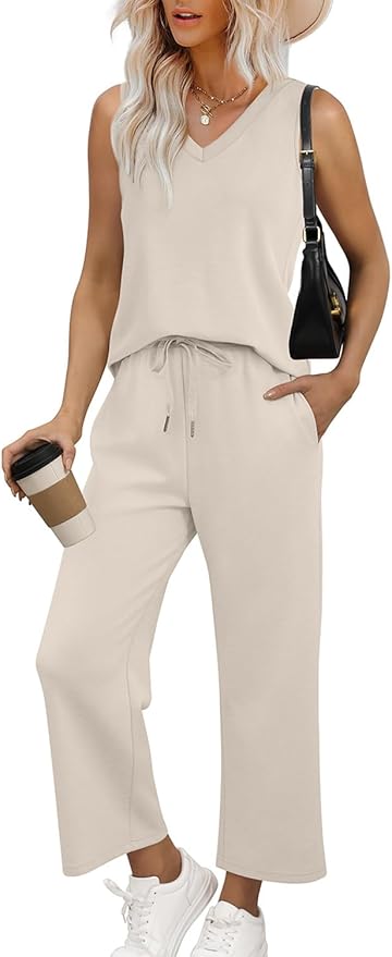 WIHOLL Two Piece Set for Women Summer Outfits Vacation Trendy Lounge Sets V Neck Matching Sets
