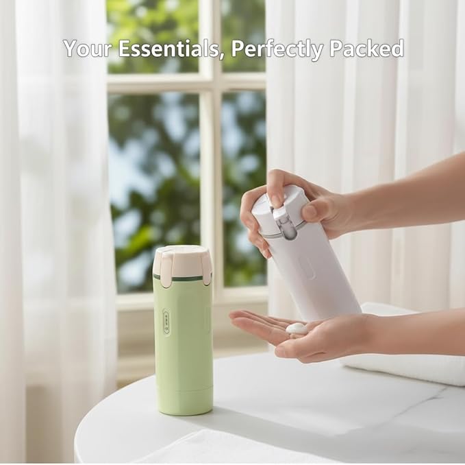 Travelers' Portable Leakproof Plastic 4-in-1 Toiletry Dispenser Set Refillable Shampoo Lotion Containers for Business Trip Gym Shower Essentials (White)