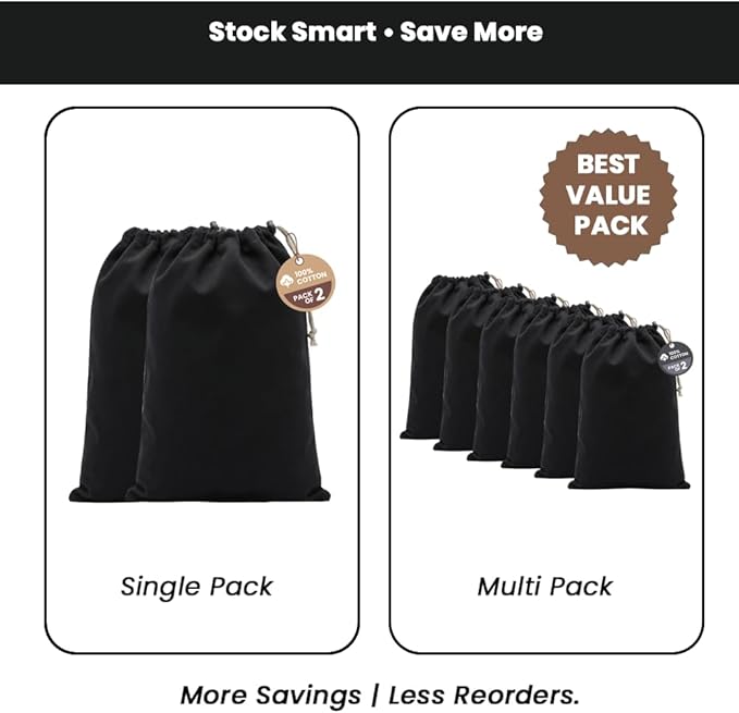 LFH Cotton Rich Shoe Storage Bags with Drawstring, Dustproof Breathable Reusable Organizer, Perfect For Travel, Dorm, Hotel, College, Gym, Machine Washable 8"x17" (Pack of 2) - Black sand