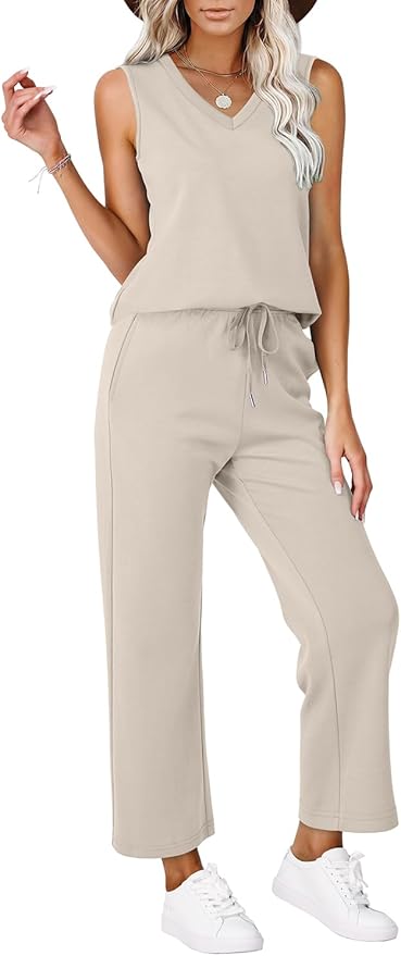 WIHOLL Two Piece Set for Women Summer Outfits Vacation Trendy Lounge Sets V Neck Matching Sets