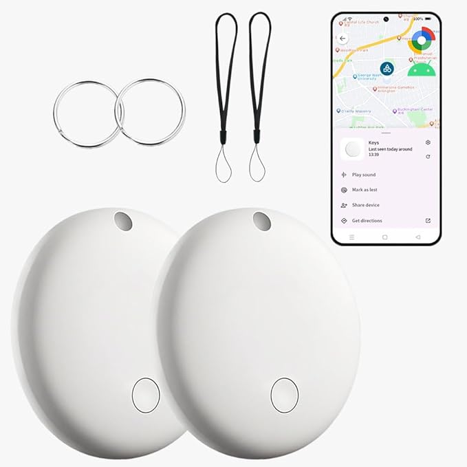 Bluetooth Tracker for Android (2Pack, White), Works with Google Find My Device App, IP67 Waterproof, Replaceable Battery, Tracker Tag for Keys, Backpack, Suitcases, Travel and Commute