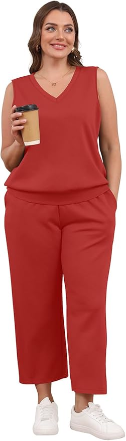 WIHOLL Two Piece Set for Women Summer Outfits Vacation Trendy Lounge Sets V Neck Matching Sets