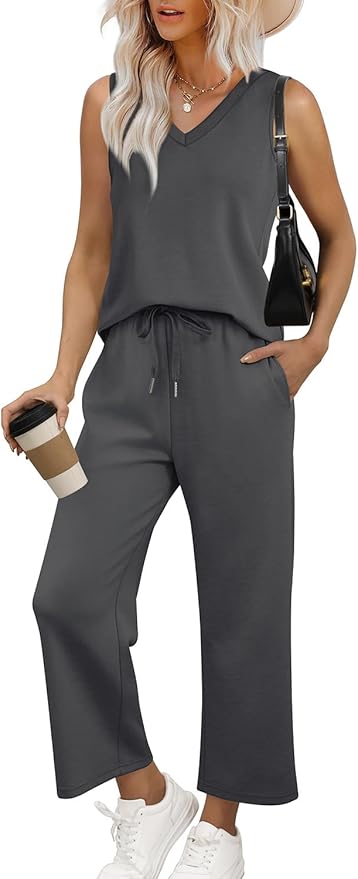 WIHOLL Two Piece Set for Women Summer Outfits Vacation Trendy Lounge Sets V Neck Matching Sets