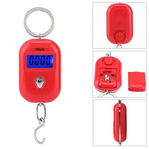 Mini Electronic Scale, Fish Weighing Scales Red Portable 25Kg/5G Hanging Scale Digital Pocket Key Chain Weight Hook Kitchen Food Weight Gauge Measuring Tools with Backlight for Home Farm Market