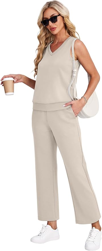 WIHOLL Two Piece Set for Women Summer Outfits Vacation Trendy Lounge Sets V Neck Matching Sets