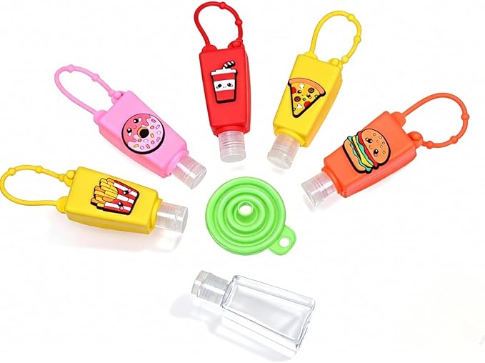 5-Pack Cartoon Kids Hand Sanitizer Holder, 30ml Travel Size Refillable Bottles with Silicone Case, Leak-Proof Portable Containers for Lotion & Liquid Soap (Cute Snack)