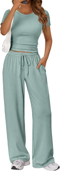 Trendy Queen 2 Piece Matching Summer Lounge Set Womens Side Ruching Top Wide Leg Pants Sets with Pockets