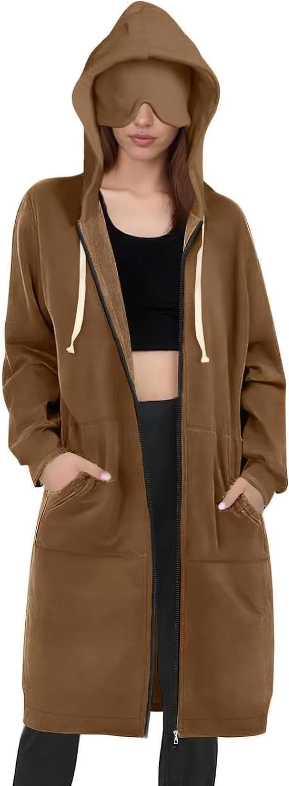 Travel Hoodie for Women Mens with Built In Eye Mask Hidden Pockets Airplane Travel Zip Up Outfits