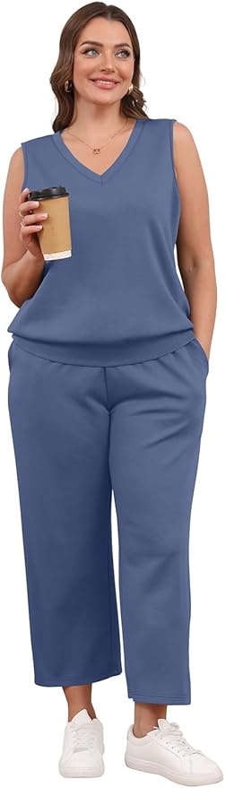 WIHOLL Two Piece Set for Women Summer Outfits Vacation Trendy Lounge Sets V Neck Matching Sets