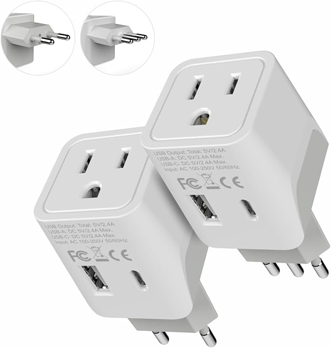 Ceptics Italy, Europe Travel Adapter Plug Set - 2 Pack - with 2 USB + USA Socket Input - Type L and Type C - Ultra Compact - Safe Grounded Perfect for Cell Phones, Laptops, Camera Chargers