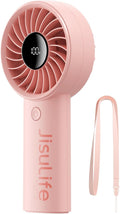 JISULIFE Handheld Portable Fan, Stronger and Longer-Lasting: 5 Speed, 5000mAh Battery, 12-Blade Turbo For Powerful Wider Wind, LED Display, Rechargeable Personal Fan for Travel Concerts Makeup-Pink