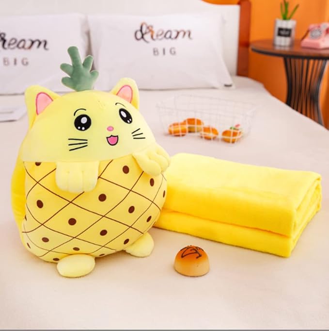 YUDONG Kids Stuffed Animal Travel Blanket and Pillow Set, Adorable 3 in 1 Multifunctional Fruit Plush Pillow with Hand Warmer Design, Perfect for Travel, Camping, Car, Home and Office (Yellow)