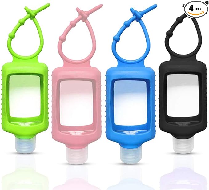 4 Pack Travel Size Plastic Clear Bottles w/Silicone Sleeve Refillable Empty Squeeze Containers Leakproof Flip Cap Keychain Bottles Hand Sanitizer Holder for Backpack Travel Outdoor (60ml/2oz)