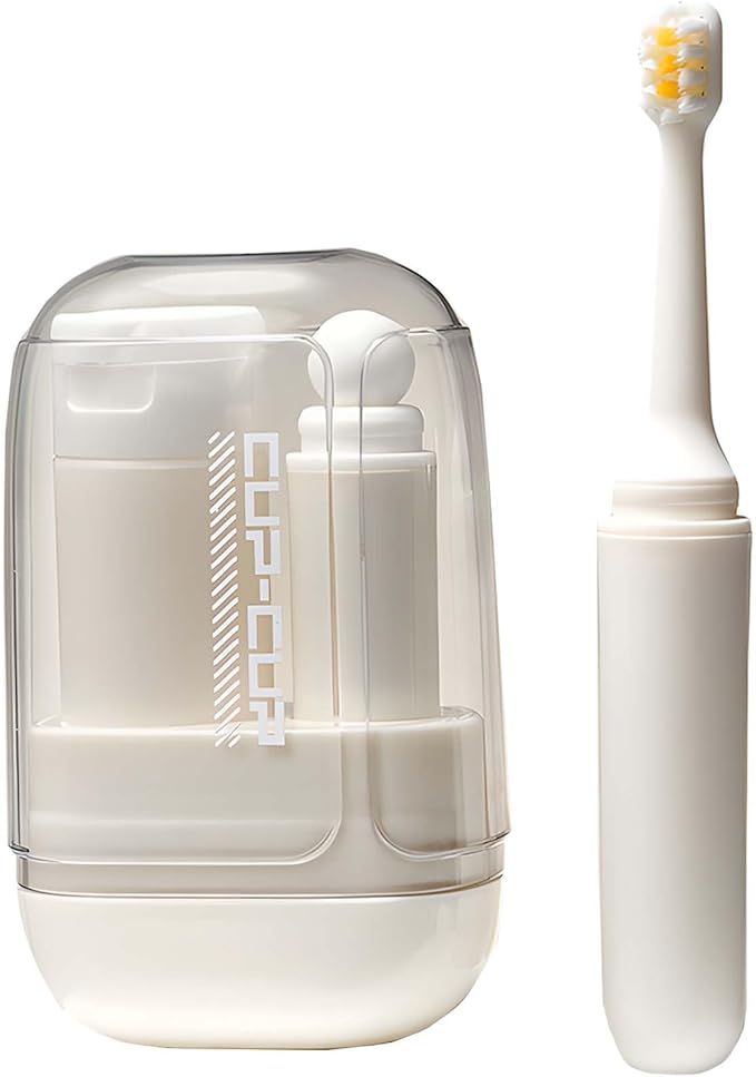 3-in-1 Toothbrush Travel Case Kit - Foldable with Mouthwash Cup, Toothpaste Dispenser, Portable Tooth Brush Holder for Camping, Business Trips, and Daily Use (Cream)