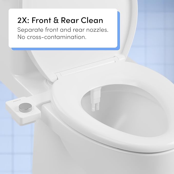 TUSHY NEW Fresh Dual Nozzle Cool Water Bidet: Ultra Slim Toilet Seat Attachment Sprayer with Luxury 2 in 1 Front & Rear, Self-Cleaning, 180º Clean (DIY Install, 10 Minutes), Non-Electric, Bamboo Knob